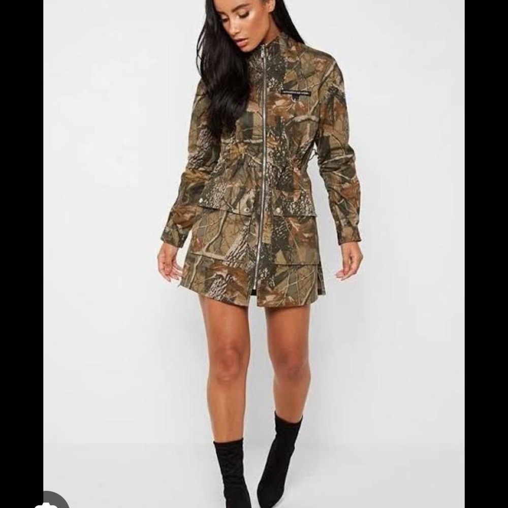 Maniere De Voir Womens Forest Camo Utility Zip Up Jacket Dress Cotton Streetwear